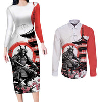 Japanese Samurai Warrior Enso Couples Matching Long Sleeve Bodycon Dress and Long Sleeve Button Shirt Japan Pagoda Sakura Watercolor - Polynesian Pride
