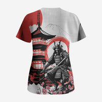 Japanese Samurai Warrior Enso Scrub Top Japan Pagoda Sakura Watercolor LT14 - Polynesian Pride