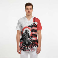 Japanese Samurai Warrior Enso Scrub Top Japan Pagoda Sakura Watercolor LT14 - Polynesian Pride