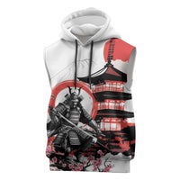 Japanese Samurai Warrior Enso Sleeveless Hoodie Japan Pagoda Sakura Watercolor LT14 White - Polynesian Pride