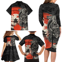 Japanese Dragon Katana Enso Family Matching Long Sleeve Bodycon Dress and Hawaiian Shirt Japan Pagoda Seamless Cloud - Polynesian Pride