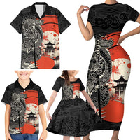 Japanese Dragon Katana Enso Family Matching Short Sleeve Bodycon Dress and Hawaiian Shirt Japan Pagoda Seamless Cloud - Polynesian Pride
