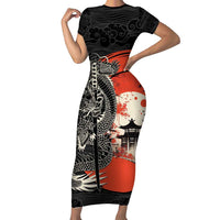 Japanese Dragon Katana Enso Family Matching Short Sleeve Bodycon Dress and Hawaiian Shirt Japan Pagoda Seamless Cloud - Polynesian Pride