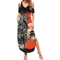 Japanese Dragon Katana Enso Family Matching Summer Maxi Dress and Hawaiian Shirt Japan Pagoda Seamless Cloud - Polynesian Pride