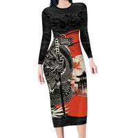 Japanese Dragon Katana Enso Long Sleeve Bodycon Dress Japan Pagoda Seamless Cloud LT14 Long Dress Black - Polynesian Pride