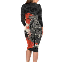 Japanese Dragon Katana Enso Long Sleeve Bodycon Dress Japan Pagoda Seamless Cloud LT14 - Polynesian Pride