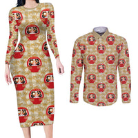 Japanese Daruma Doll Couples Matching Long Sleeve Bodycon Dress and Long Sleeve Button Shirt Palaka With Seamless Bamboo Pattern LT14 Beige - Polynesian Pride