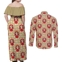 Japanese Daruma Doll Couples Matching Off Shoulder Maxi Dress and Long Sleeve Button Shirt Palaka With Seamless Bamboo Pattern LT14 - Polynesian Pride