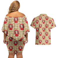 Japanese Daruma Doll Couples Matching Off Shoulder Short Dress and Hawaiian Shirt Palaka With Seamless Bamboo Pattern LT14 - Polynesian Pride