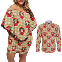 Japanese Daruma Doll Couples Matching Off Shoulder Short Dress and Long Sleeve Button Shirt Palaka With Seamless Bamboo Pattern LT14 Beige - Polynesian Pride