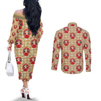 Japanese Daruma Doll Couples Matching Off The Shoulder Long Sleeve Dress and Long Sleeve Button Shirt Palaka With Seamless Bamboo Pattern LT14 - Polynesian Pride