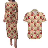 Japanese Daruma Doll Couples Matching Puletasi and Hawaiian Shirt Palaka With Seamless Bamboo Pattern LT14 Beige - Polynesian Pride