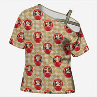 Japanese Daruma Doll Cross Shoulder Shirt Palaka With Seamless Bamboo Pattern LT14 Female Beige - Polynesian Pride