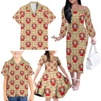 Japanese Daruma Doll Family Matching Off The Shoulder Long Sleeve Dress and Hawaiian Shirt Palaka With Seamless Bamboo Pattern - Polynesian Pride