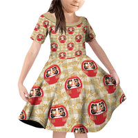 Japanese Daruma Doll Family Matching Off Shoulder Short Dress and Hawaiian Shirt Palaka With Seamless Bamboo Pattern LT14 Daughter's Dress Beige - Polynesian Pride