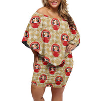 Japanese Daruma Doll Family Matching Off Shoulder Short Dress and Hawaiian Shirt Palaka With Seamless Bamboo Pattern LT14 Mom's Dress Beige - Polynesian Pride