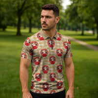 Japanese Daruma Doll Zipper Polo Shirt Palaka With Seamless Bamboo Pattern LT14 - Polynesian Pride