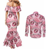 Japanese Daruma Doll Palaka Couples Matching Mermaid Dress and Long Sleeve Button Shirt Cherry Blossoms With Shell Lei - Polynesian Pride