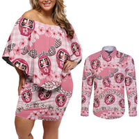 Japanese Daruma Doll Palaka Couples Matching Off Shoulder Short Dress and Long Sleeve Button Shirt Cherry Blossoms With Shell Lei LT14 Pink - Polynesian Pride