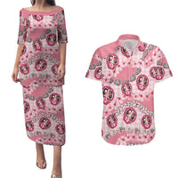 Japanese Daruma Doll Palaka Couples Matching Puletasi and Hawaiian Shirt Cherry Blossoms With Shell Lei LT14 Pink - Polynesian Pride
