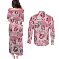 Japanese Daruma Doll Palaka Couples Matching Puletasi and Long Sleeve Button Shirt Cherry Blossoms With Shell Lei LT14 - Polynesian Pride