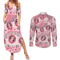Japanese Daruma Doll Palaka Couples Matching Summer Maxi Dress and Long Sleeve Button Shirt Cherry Blossoms With Shell Lei LT14 Pink - Polynesian Pride