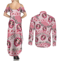 Japanese Daruma Doll Palaka Couples Matching Summer Maxi Dress and Long Sleeve Button Shirt Cherry Blossoms With Shell Lei LT14 - Polynesian Pride