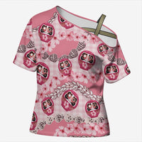 Japanese Daruma Doll Palaka Cross Shoulder Shirt Cherry Blossoms With Shell Lei LT14 Female Pink - Polynesian Pride