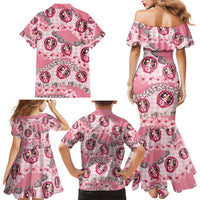 Japanese Daruma Doll Palaka Family Matching Mermaid Dress and Hawaiian Shirt Cherry Blossoms With Shell Lei - Polynesian Pride