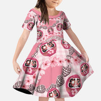 Japanese Daruma Doll Palaka Family Matching Off Shoulder Short Dress and Hawaiian Shirt Cherry Blossoms With Shell Lei - Polynesian Pride