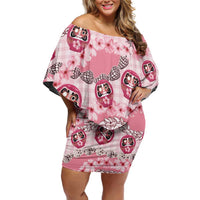 Japanese Daruma Doll Palaka Family Matching Off Shoulder Short Dress and Hawaiian Shirt Cherry Blossoms With Shell Lei - Polynesian Pride