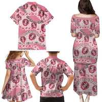 Japanese Daruma Doll Palaka Family Matching Puletasi and Hawaiian Shirt Cherry Blossoms With Shell Lei - Polynesian Pride