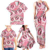 Japanese Daruma Doll Palaka Family Matching Tank Maxi Dress and Hawaiian Shirt Cherry Blossoms With Shell Lei - Polynesian Pride