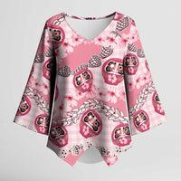 Japanese Daruma Doll Palaka Kimono Sleeve Blouse Cherry Blossoms With Shell Lei LT14 Female Pink - Polynesian Pride