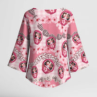 Japanese Daruma Doll Palaka Kimono Sleeve Blouse Cherry Blossoms With Shell Lei LT14 - Polynesian Pride