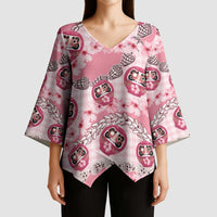 Japanese Daruma Doll Palaka Kimono Sleeve Blouse Cherry Blossoms With Shell Lei LT14 - Polynesian Pride