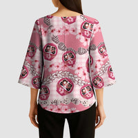 Japanese Daruma Doll Palaka Kimono Sleeve Blouse Cherry Blossoms With Shell Lei LT14 - Polynesian Pride