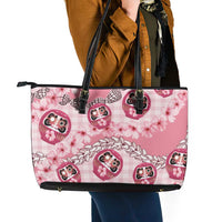 Japanese Daruma Doll Palaka Leather Tote Bag Cherry Blossoms With Shell Lei LT14 - Polynesian Pride