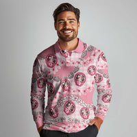 Japanese Daruma Doll Palaka Long Sleeve Polo Shirt Cherry Blossoms With Shell Lei LT14 - Polynesian Pride