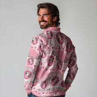 Japanese Daruma Doll Palaka Long Sleeve Polo Shirt Cherry Blossoms With Shell Lei LT14 - Polynesian Pride