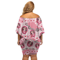 Japanese Daruma Doll Palaka Off Shoulder Short Dress Cherry Blossoms With Shell Lei LT14 - Polynesian Pride