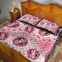 Japanese Daruma Doll Palaka Quilt Bed Set Cherry Blossoms With Shell Lei - Polynesian Pride