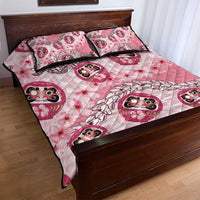 Japanese Daruma Doll Palaka Quilt Bed Set Cherry Blossoms With Shell Lei - Polynesian Pride