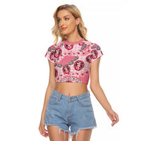 Japanese Daruma Doll Palaka Raglan Cropped T Shirt Cherry Blossoms With Shell Lei LT14 Female Pink - Polynesian Pride