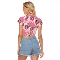 Japanese Daruma Doll Palaka Raglan Cropped T Shirt Cherry Blossoms With Shell Lei LT14 - Polynesian Pride