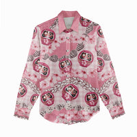 Japanese Daruma Doll Palaka Women Casual Shirt Cherry Blossoms With Shell Lei LT14 - Polynesian Pride