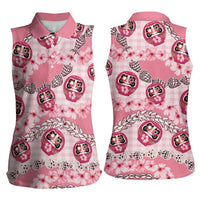 Japanese Daruma Doll Palaka Women Sleeveless Polo Shirt Cherry Blossoms With Shell Lei LT14 - Polynesian Pride