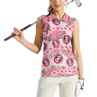 Japanese Daruma Doll Palaka Women Sleeveless Polo Shirt Cherry Blossoms With Shell Lei LT14 - Polynesian Pride