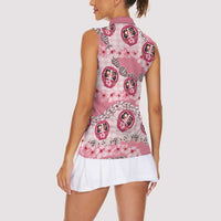 Japanese Daruma Doll Palaka Women Sleeveless Polo Shirt Cherry Blossoms With Shell Lei LT14 - Polynesian Pride