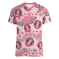Japanese Daruma Doll Palaka Women V-Neck T-Shirt Cherry Blossoms With Shell Lei LT14 Female Pink - Polynesian Pride